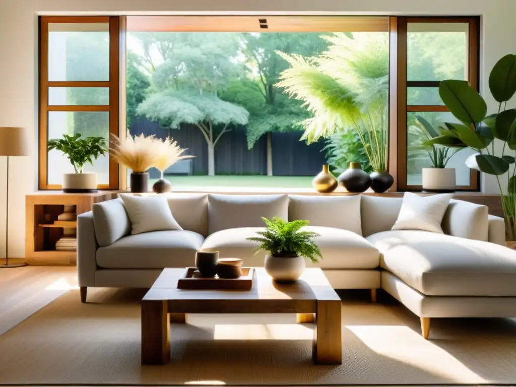 Salón minimalista Feng Shui con elementos reciclados, ventana grande que muestra jardín sereno y muebles neutros y sostenibles