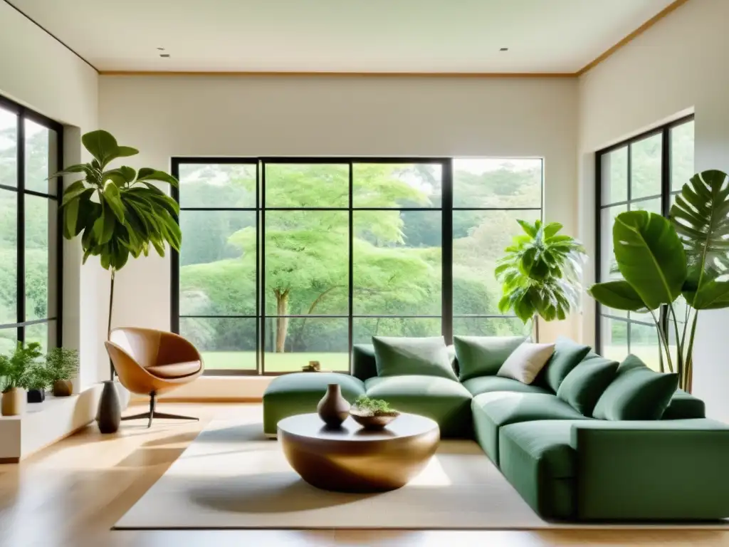 Salón espacioso y aireado con luz natural, muebles elegantes, plantas verdes y atmósfera serena