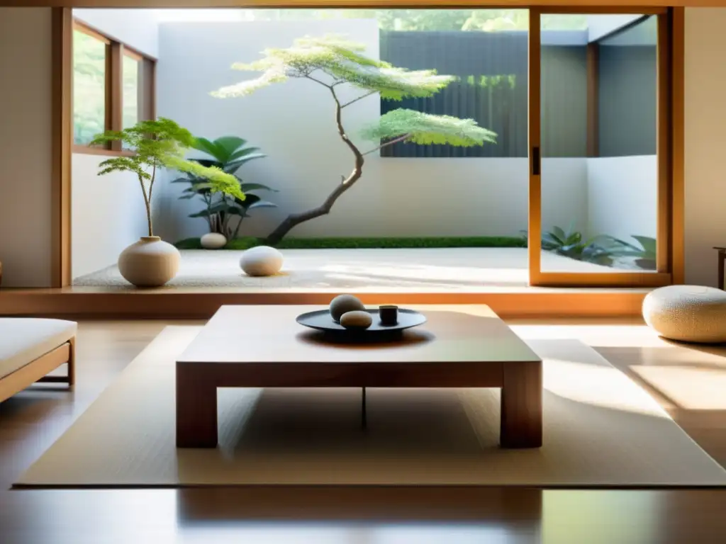 Un salón espacioso y luminoso con muebles para feng shui minimalista y un jardín zen en una mesa de café de madera baja