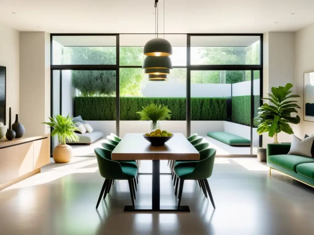 Un salón espacioso con luz natural que revitaliza el ambiente del living comedor con elegante decoración minimalista y toques verdes