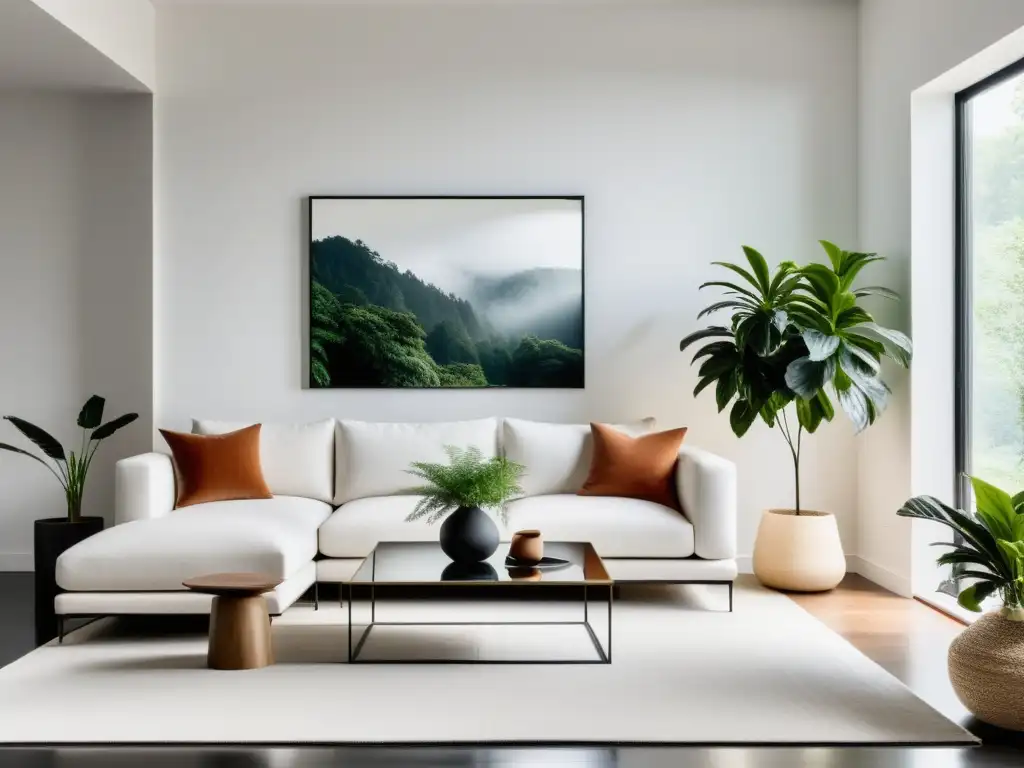 Salón espacioso y minimalista con decoración de psicología del feng shui, muebles modernos y ventana amplia que irradia luz natural serena