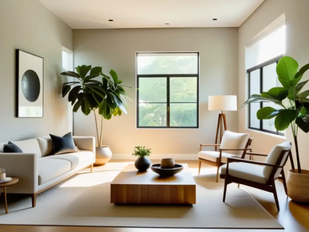 Un salón espacioso y soleado con una decoración minimalista que sigue los principios del Feng Shui