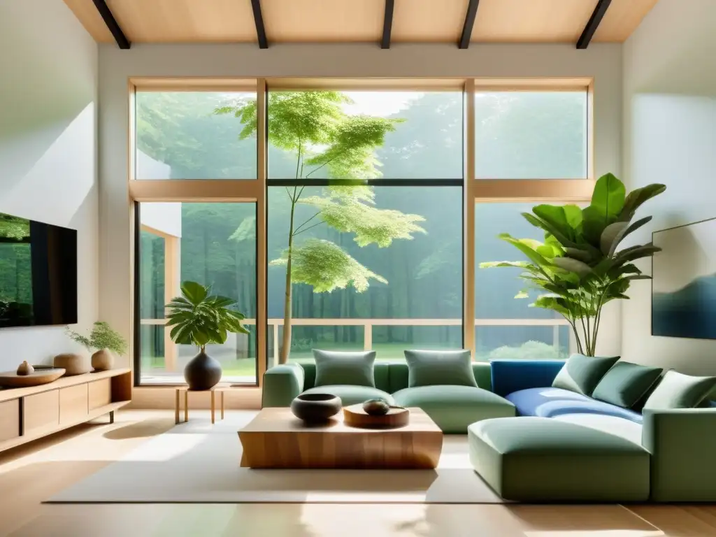 Un salón espacioso y soleado con diseño Feng Shui armonización hogar, minimalista y acogedor, con toques de naturaleza y equilibrio