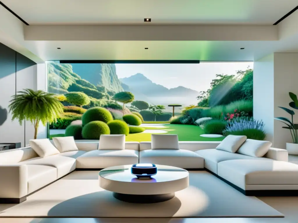 Un salón futurista minimalista con muebles blancos y tecnología de realidad virtual, integrando Feng Shui con tecnología de vanguardia