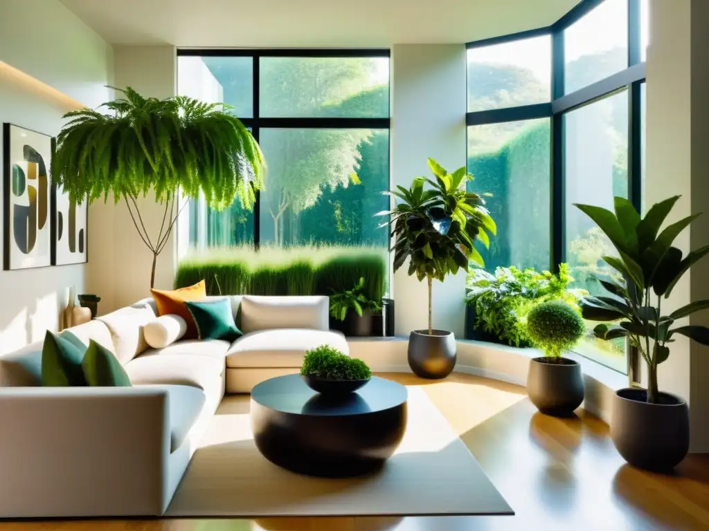 Un salón iluminado por el sol con plantas de interior en armonía según el Feng Shui, creando un ambiente sereno y acogedor