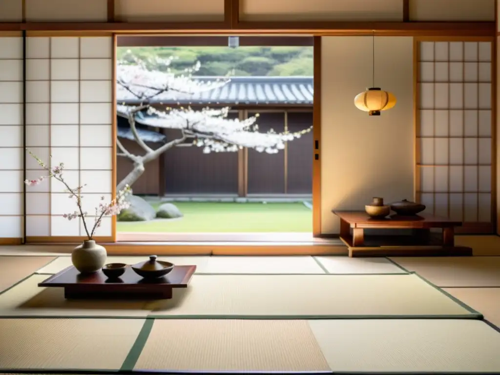 Un salón japonés sereno con pantallas shoji, suelo de tatami y una mesa baja adornada con flores de cerezo