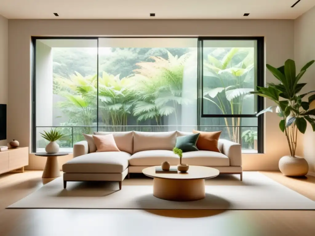 Salón luminoso y sereno, inspirado en Feng Shui para armonía ambiental, con colores suaves y plantas estratégicamente ubicadas