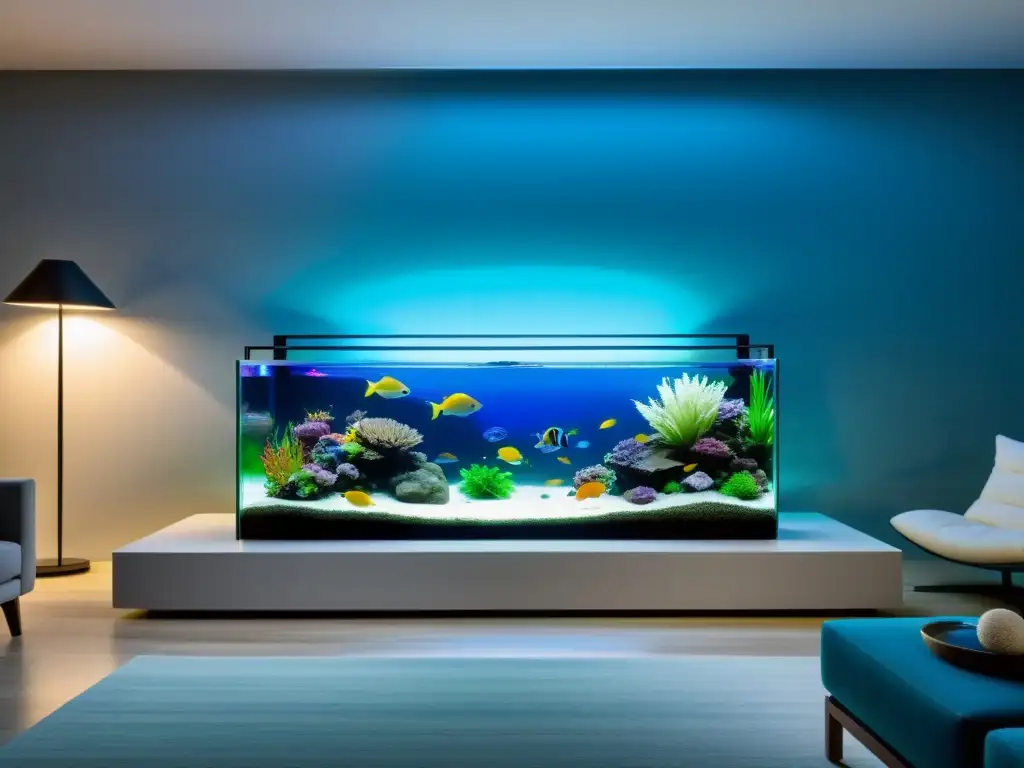 Un salón minimalista con un acuario elegante, lleno de plantas y peces coloridos, irradiando armonía y prosperidad