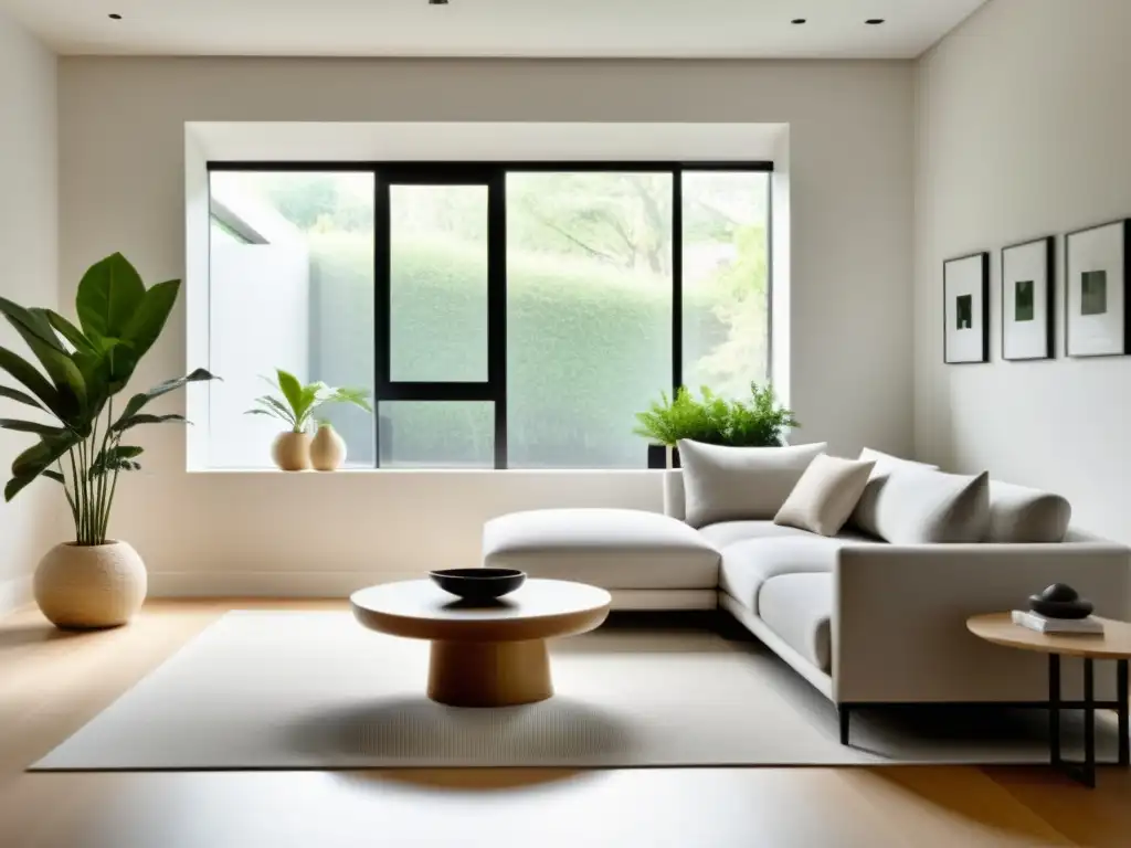 Salón minimalista con Feng Shui para acústica ambiental y armonía