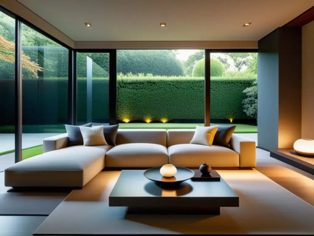 Un salón minimalista con iluminación adaptable Feng Shui, decorado con elegancia y armonía, y con vistas a un apacible jardín exterior