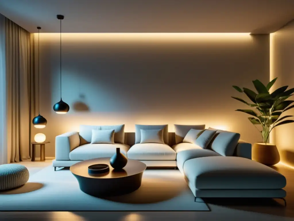 Salón minimalista con iluminación adaptable Feng Shui, mobiliario equilibrado y ambiente sereno