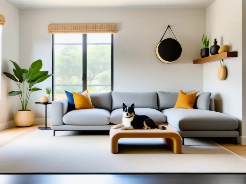 Salón minimalista con diseño Feng Shui adaptado para mascotas, armonía y calma