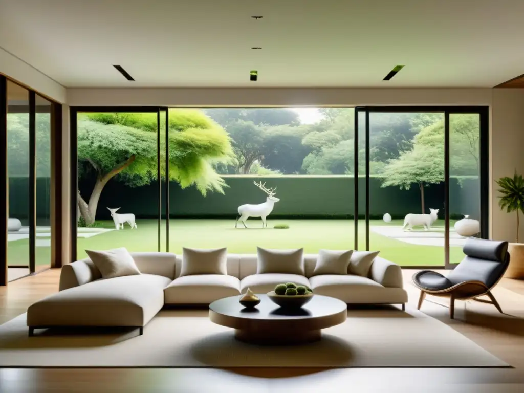 Salón minimalista con Feng Shui y animales celestiales en armonía con la naturaleza