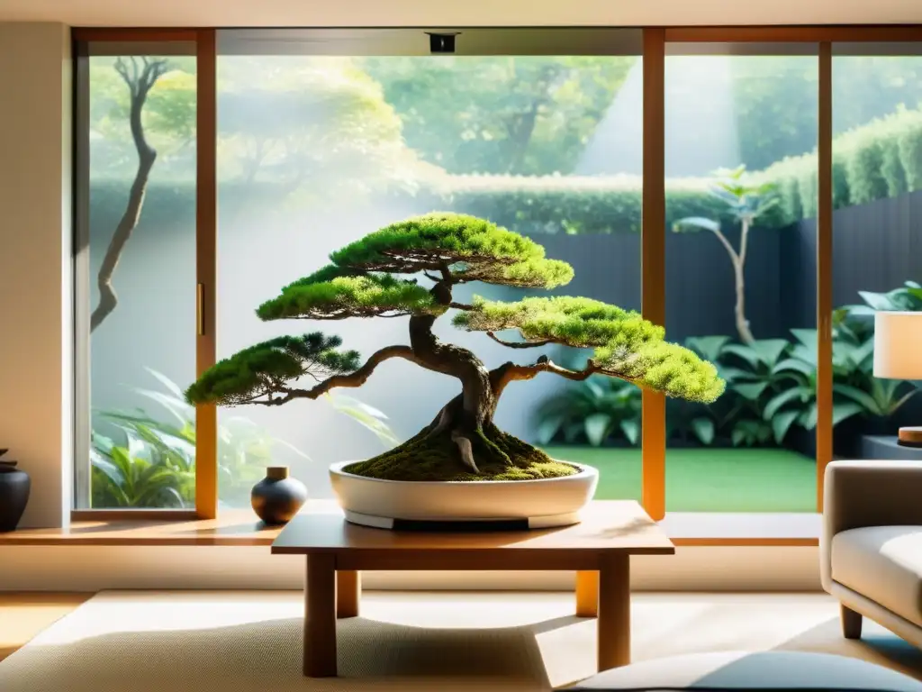 Un salón minimalista con un árbol de la vida en Feng Shui, bañado por luz suave y conexión con la naturaleza