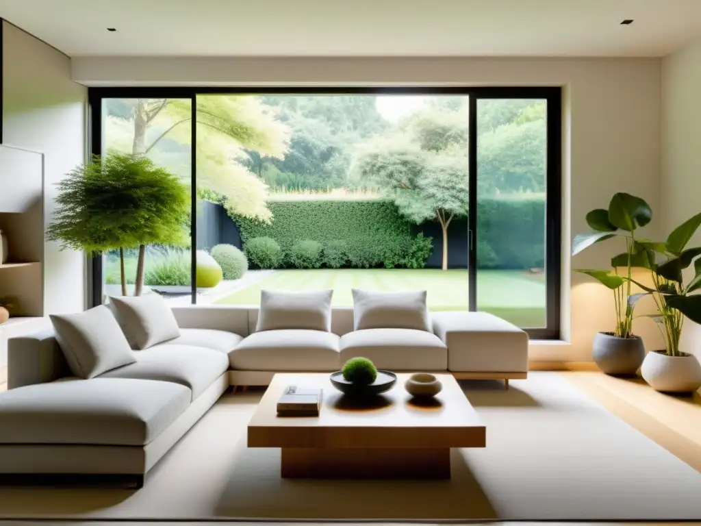 Salón minimalista con adaptación del Feng Shui en Occidente, armonía y equilibrio con ventana panorámica y jardín sereno