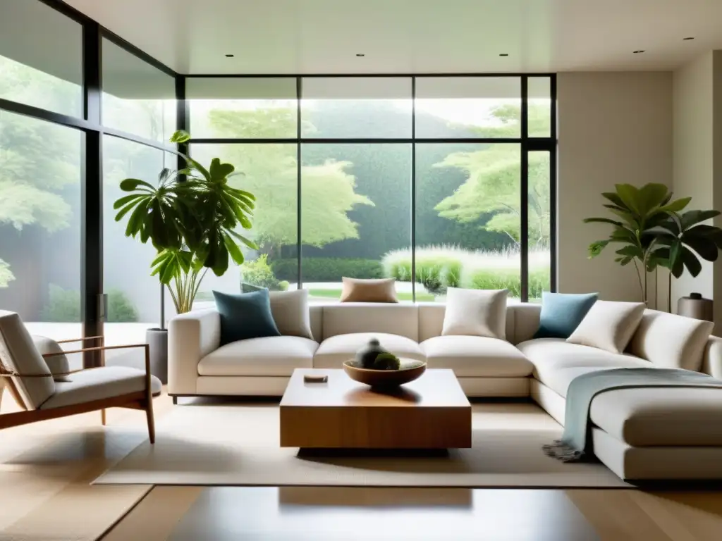 Salón minimalista con armonía y equilibrio, luz natural y elementos de Feng Shui para momentos de cambio