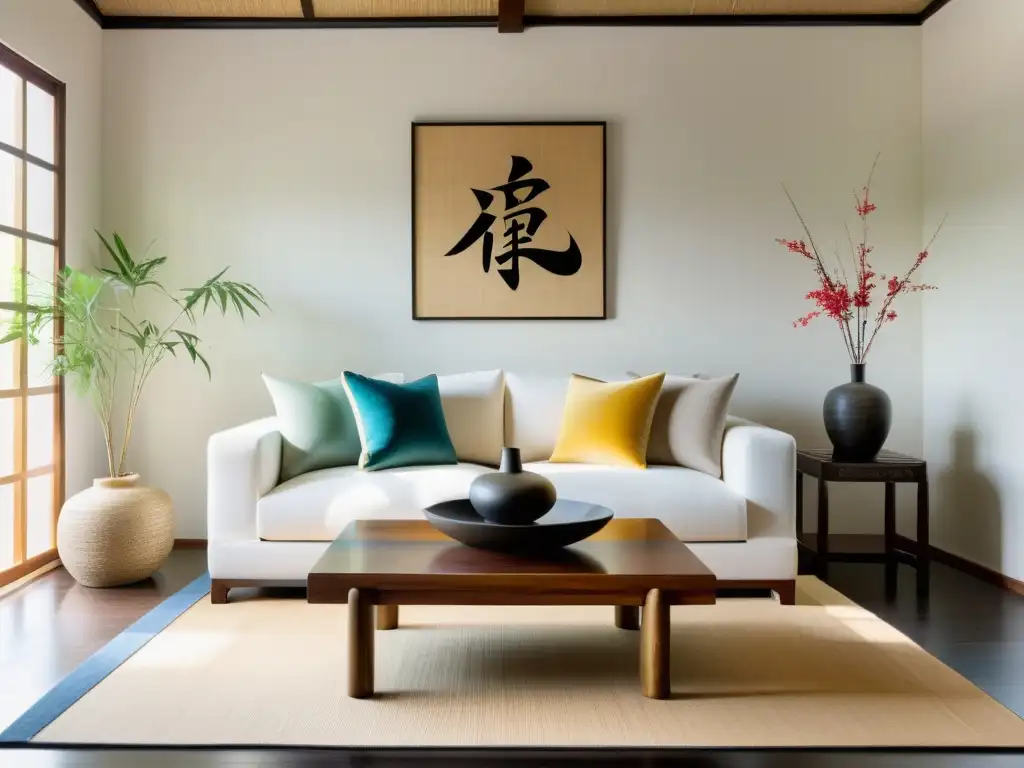 Salón minimalista con armoniosa fusión de decoración oriental y occidental, reflejando el Feng Shui en hogares multiculturales