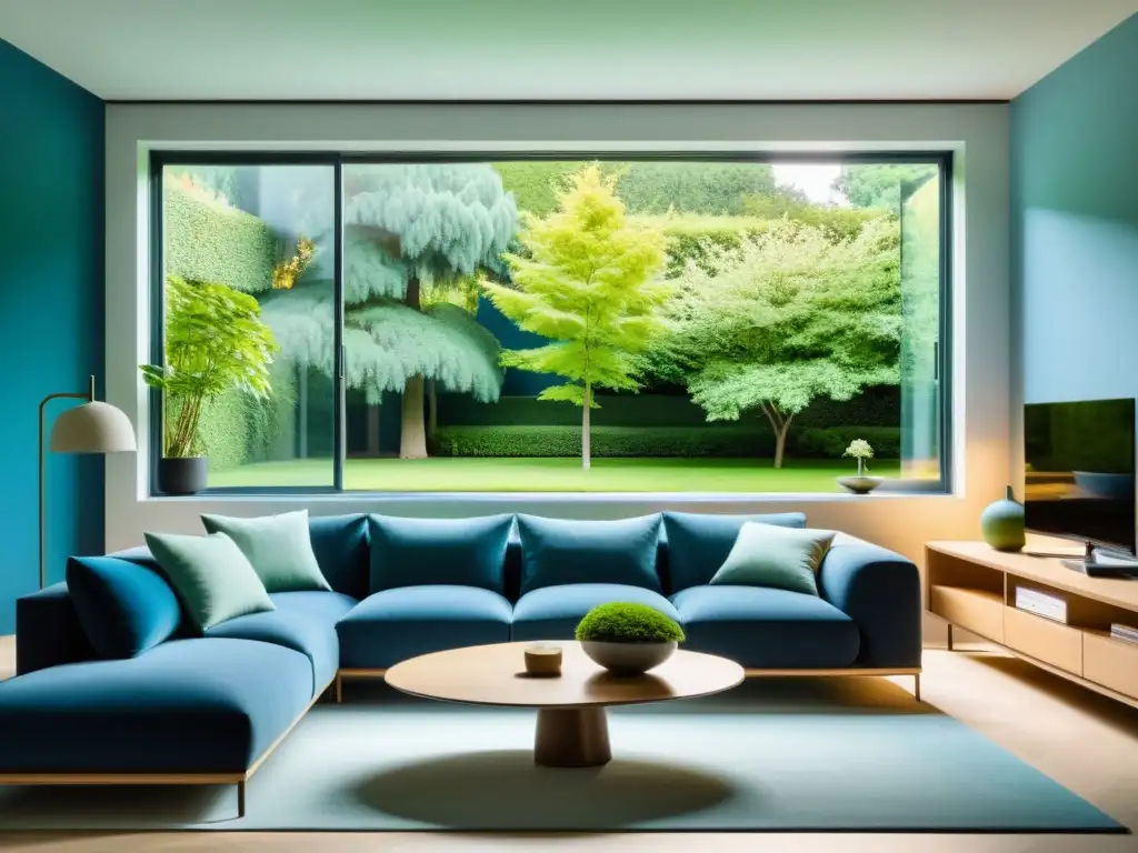 Salón minimalista con decoración armoniosa en tonos de azul y verde, iluminado por luz natural, reflejando la psicología del color en Feng Shui