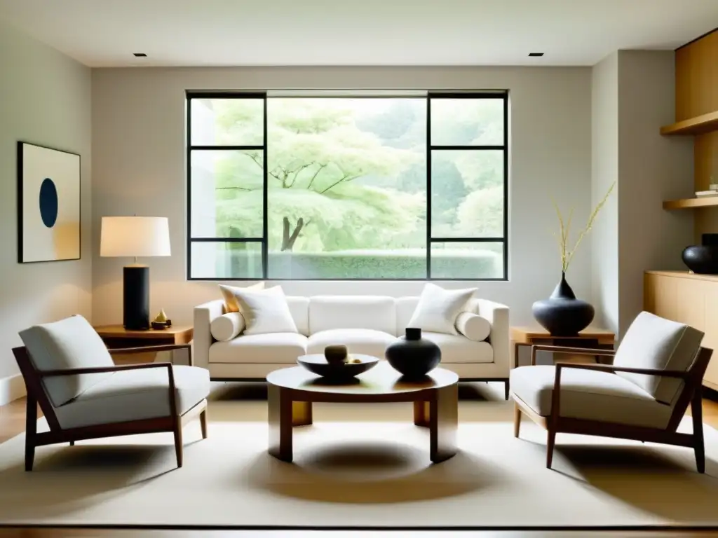 Salón minimalista y armonioso con disposición Feng Shui del mobiliario del hogar