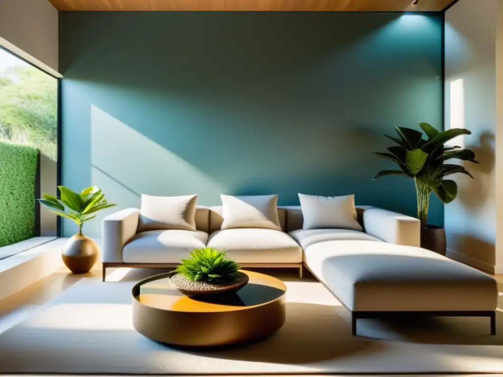 Salón minimalista y sereno con Feng Shui Un salón minimalista y armonioso con elementos Feng Shui, transmite la limpieza energética hogar Feng Shui en una atmósfera tranquila y equilibrada