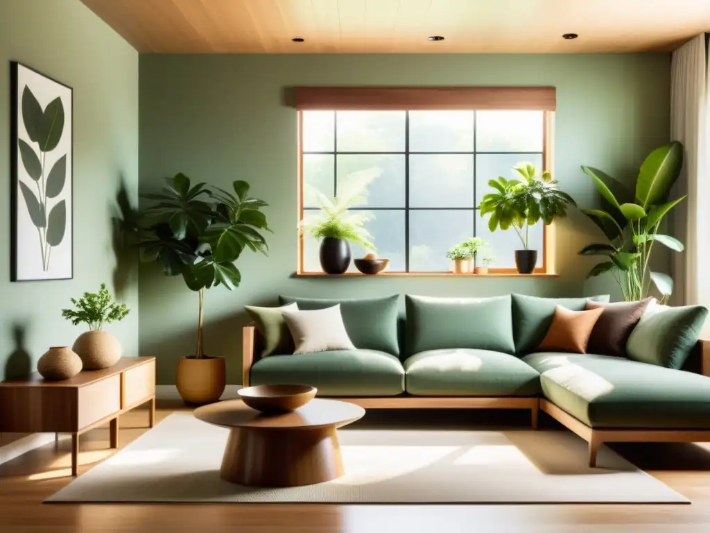 Un salón minimalista y armonioso con elementos naturales, reflejando las herramientas ecológicas feng shui hogar en su diseño
