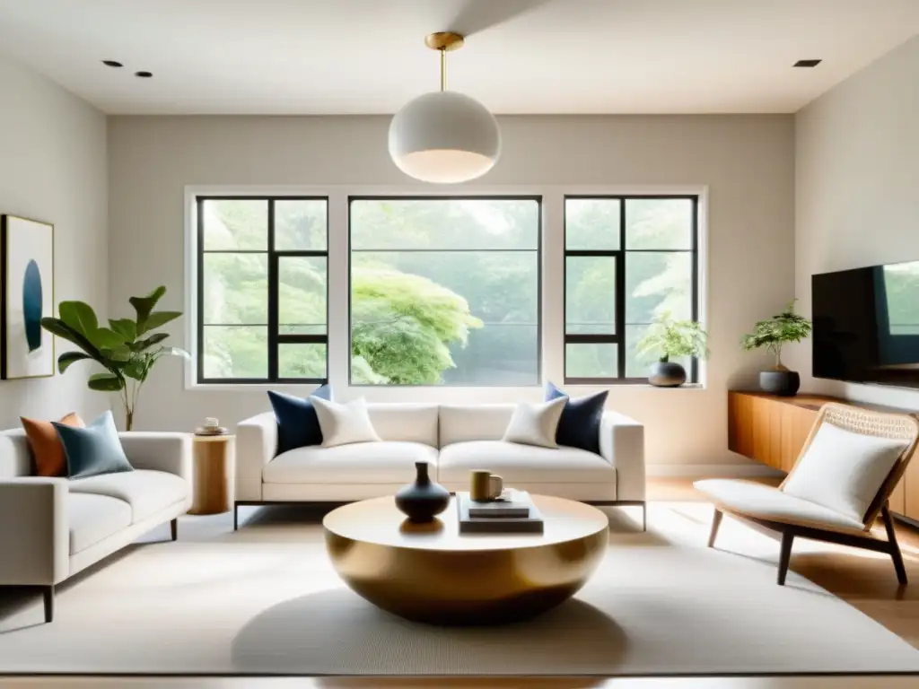 Salón minimalista armonioso con toques de realidad virtual Un salón minimalista y armonioso, con luz natural y decoración equilibrada según el Feng Shui