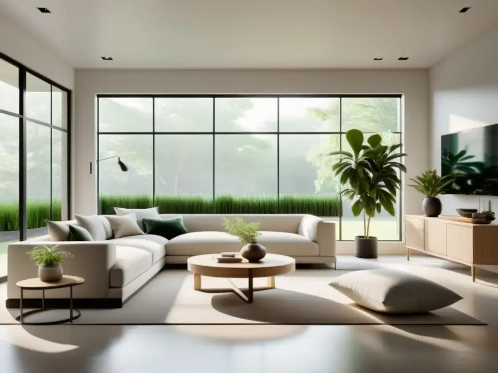 Un salón minimalista y armonioso con luz natural y toques de Feng Shui para vender casa