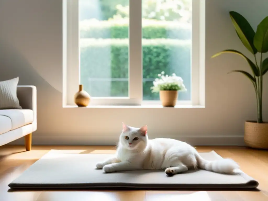 Un salón minimalista y armonioso con mascotas integradas en un ambiente de Feng Shui y equilibrio