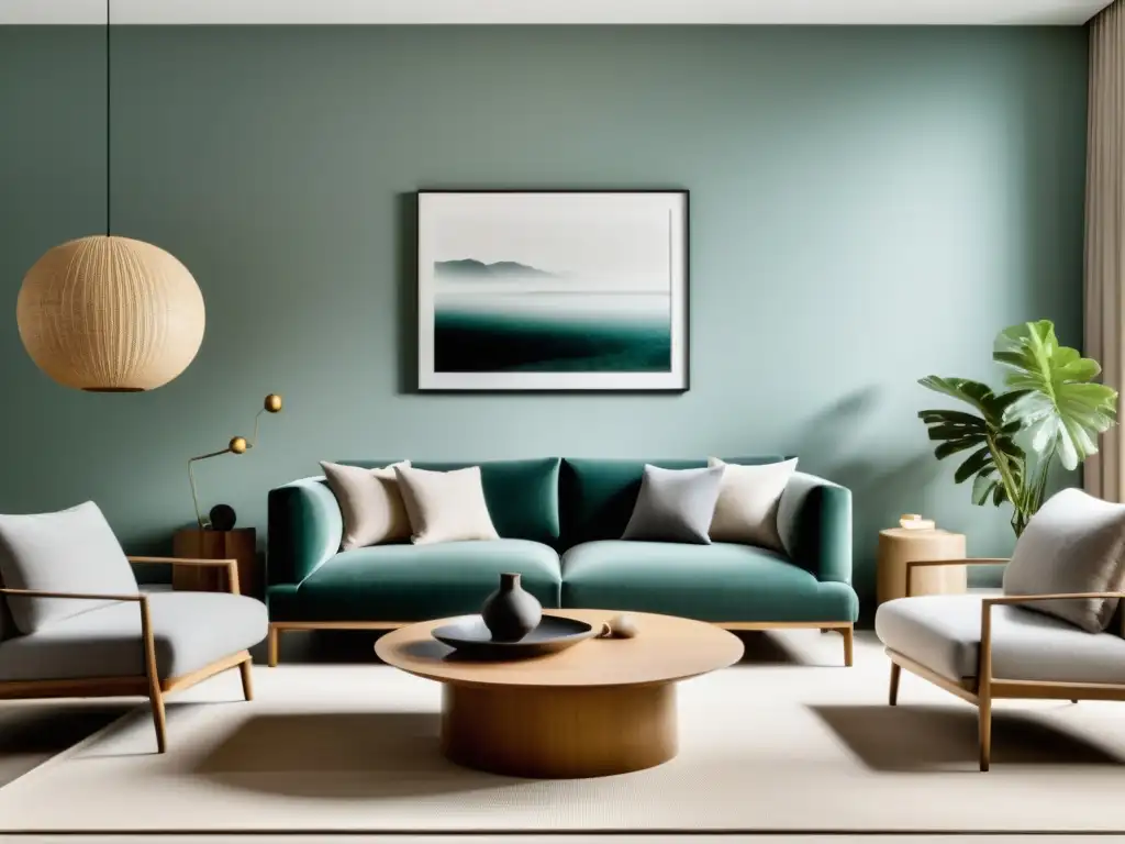 Salón minimalista y armonioso con organización del hogar con Feng Shui, muebles cuidadosamente dispuestos y luz natural suave