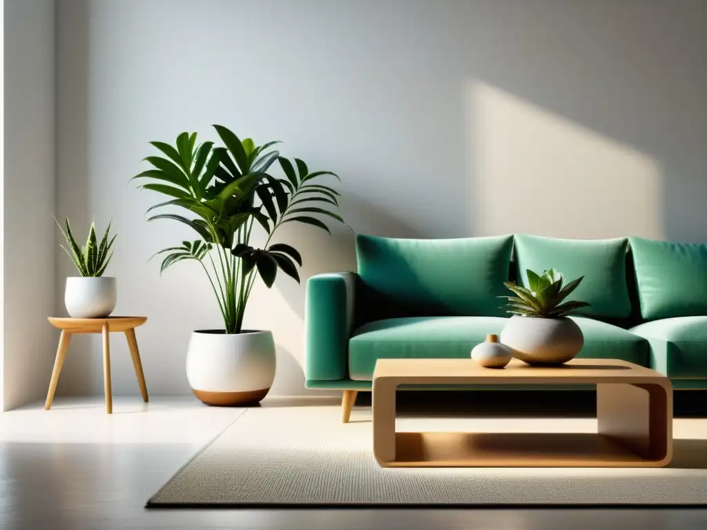 Un salón minimalista y armonioso con plantas cuidadosamente seleccionadas para el Feng Shui