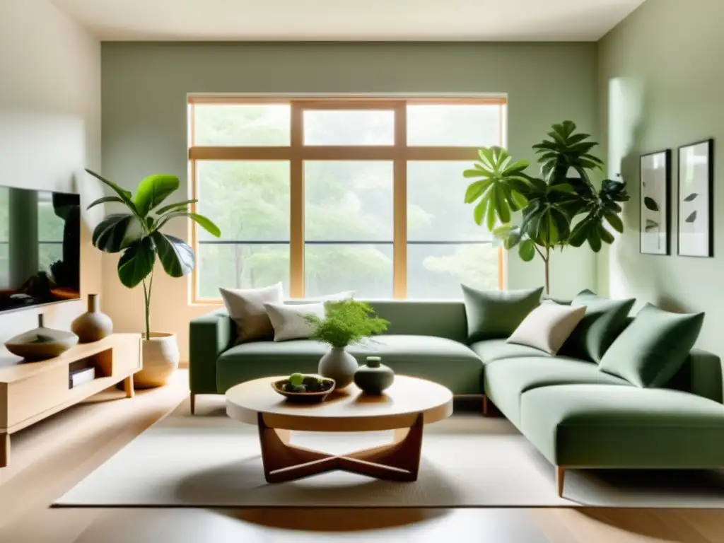 Un salón minimalista y armonioso según los principios del Feng Shui en América Latina, con decoración equilibrada y luz natural