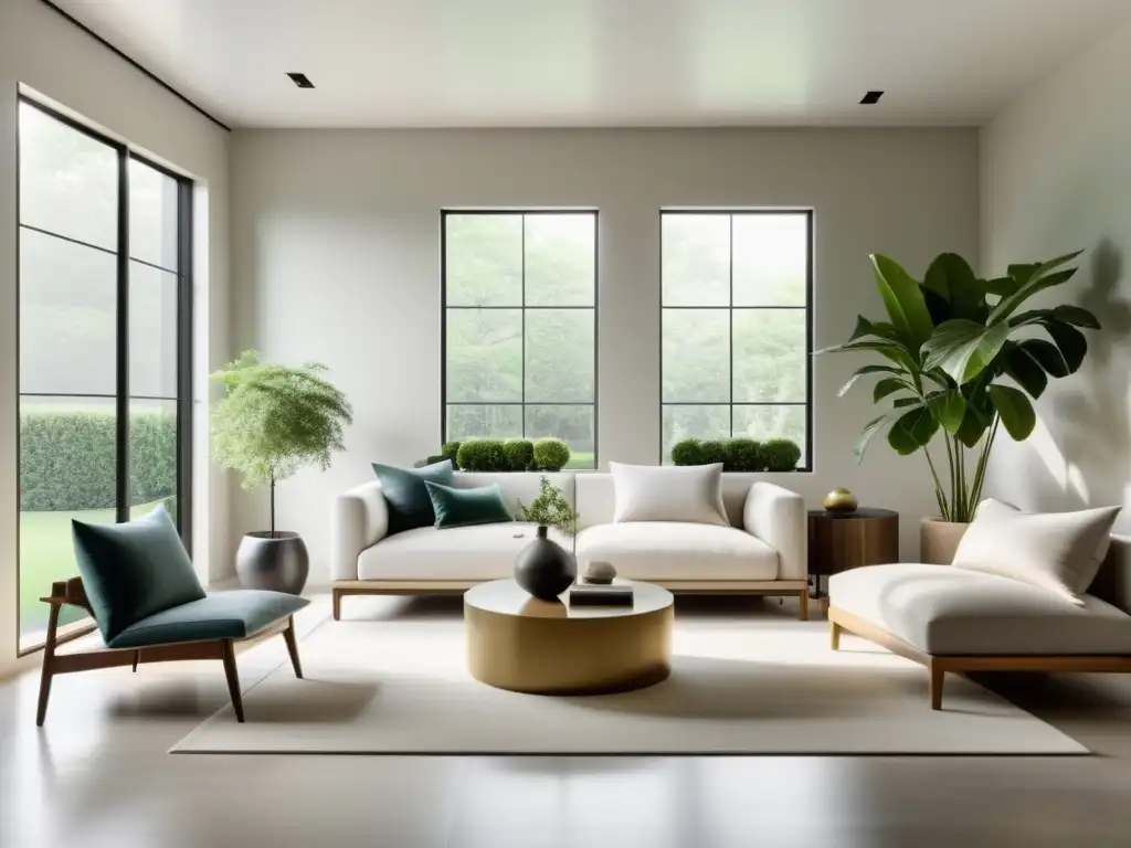 Salón minimalista con decoración armonizada según principios Feng Shui para armonizar hogar