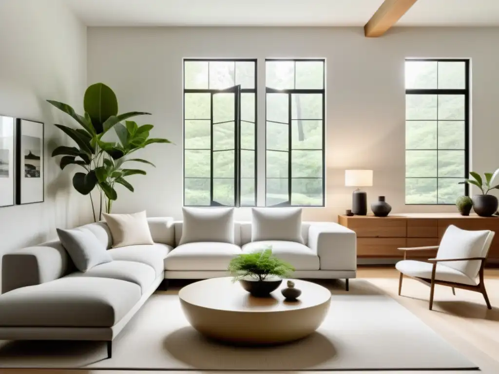 Salón minimalista y armonizado con las claves del Feng Shui para organizar, ambiente tranquilo y equilibrado