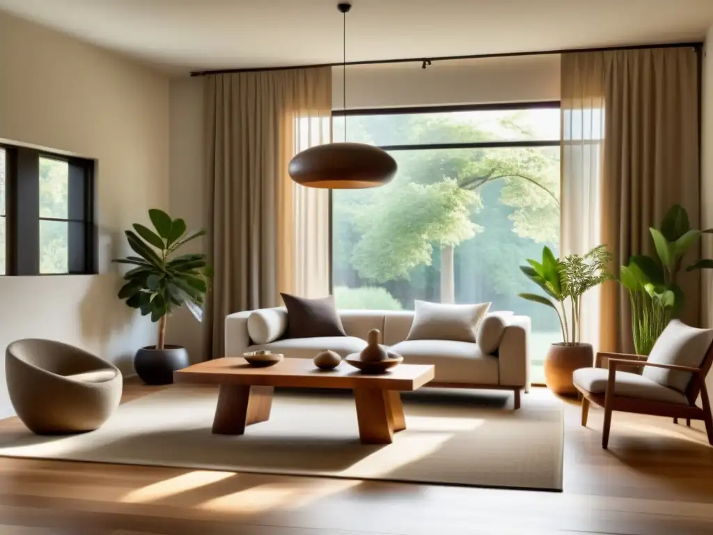 Salón minimalista armonizado con Feng Shui: mesa de madera, asientos bajos, luz natural cálida y elementos naturales