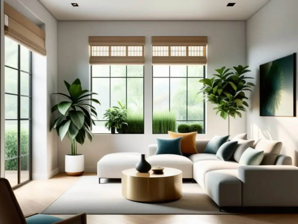 Salón minimalista armonizado con técnicas de feng shui para hogar, inundado de luz natural y equilibrio sereno