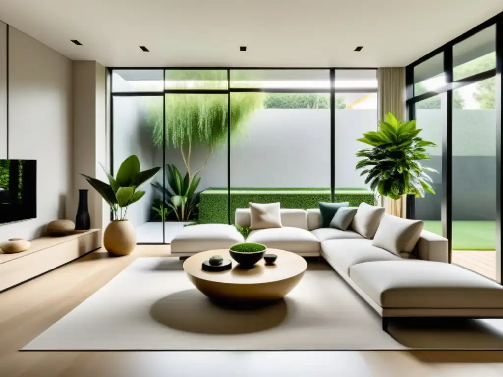 Salón minimalista con Feng Shui en arquitectura global: equilibrio, tranquilidad y energía positiva