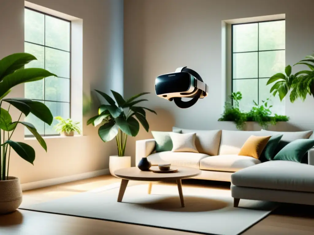 Armonía moderna: sala minimalista con realidad virtual y Feng Shui Salón minimalista con auriculares de realidad virtual, decorado con plantas y luz natural
