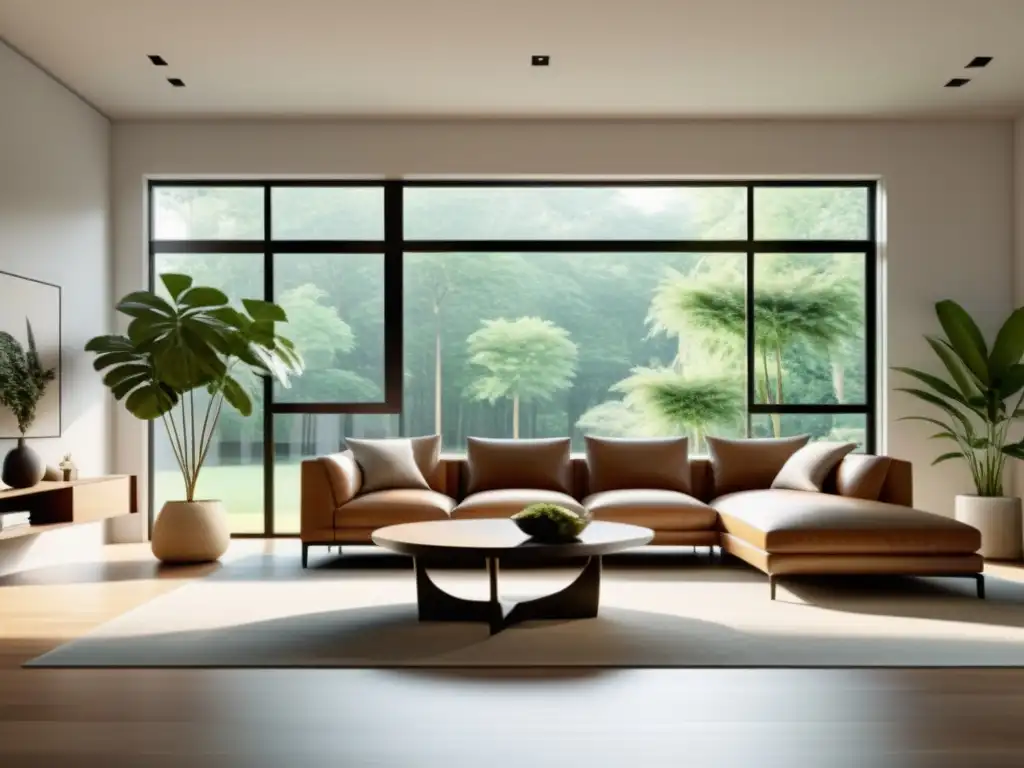 Salón minimalista con diseño biofílico hogar: luz natural, plantas y muebles que fomentan el Feng Shui