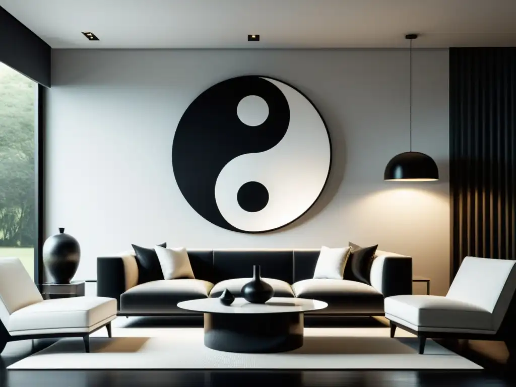 Salón minimalista en blanco y negro con símbolo yin yang como arte de pared