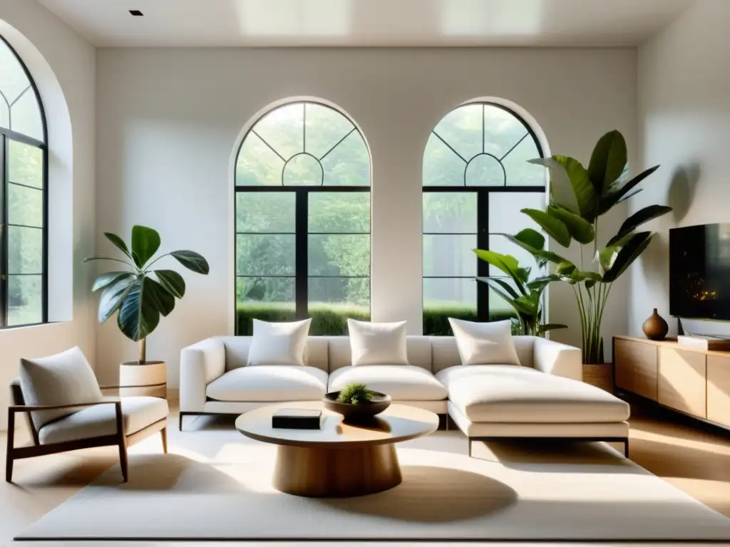 Salón minimalista con buena iluminación natural, plantas y mobiliario equilibrado según Feng Shui