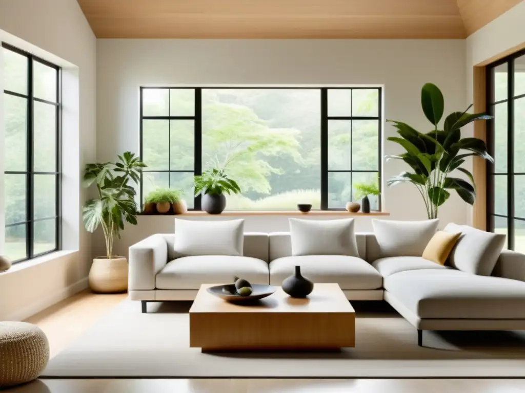 Salón minimalista con limpieza ecológica, atracción de buena suerte y armonía, decorado con estilo Feng Shui