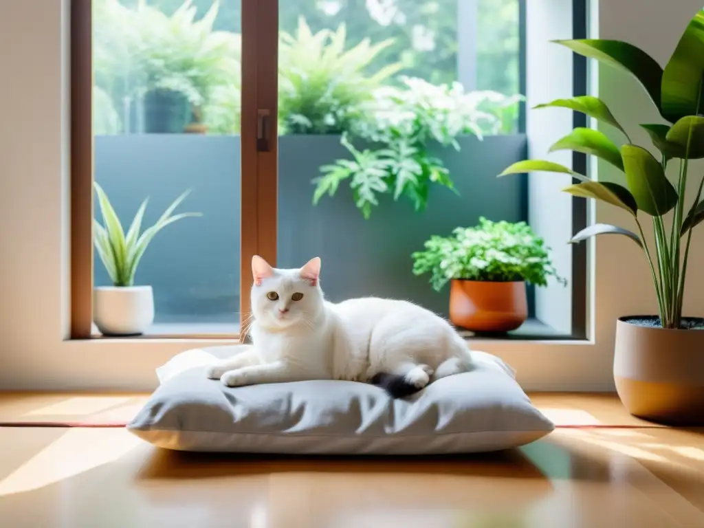 Un salón minimalista con cama para mascotas, plantas y gato blanco