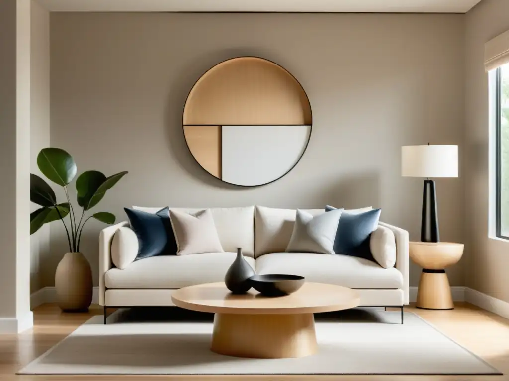 Salón minimalista con colocación de objetos según Feng Shui, equilibrio y calma