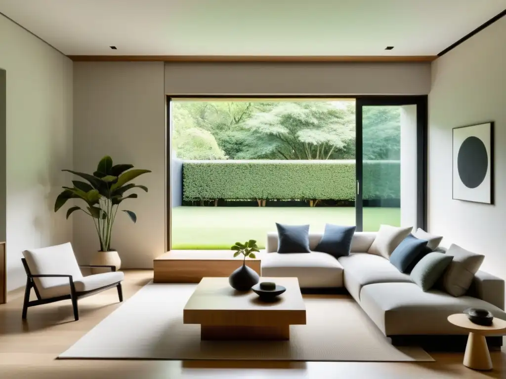 Salón minimalista con colocación de objetos según Feng Shui, ventana grande con vista al jardín y armonía en tonos neutros