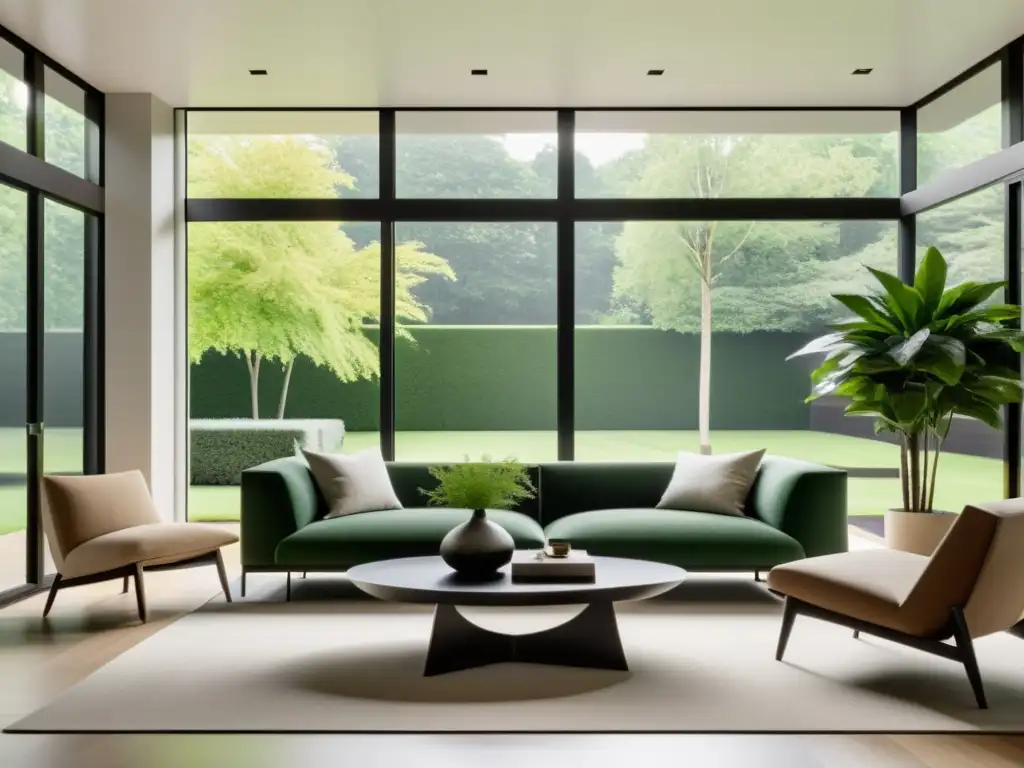 Salón minimalista con colores y materiales para feng shui, ventana grande con vista a jardín sereno y ambiente armonioso