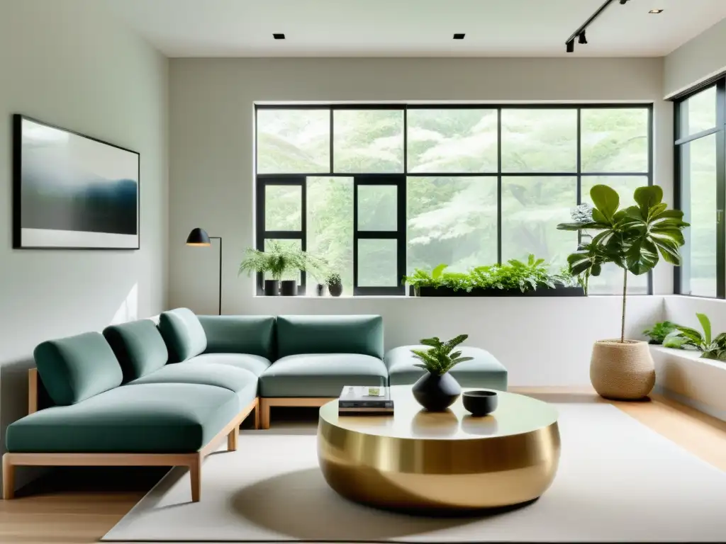 Salón minimalista con construcciones modulares y feng shui, armonía y flujo en ambiente sereno y luminoso