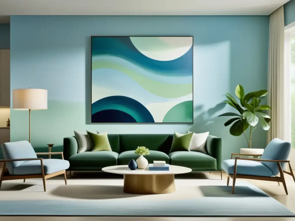 Un salón minimalista con un cuadro abstracto en tonos azules y verdes, perfecto para el Feng Shui