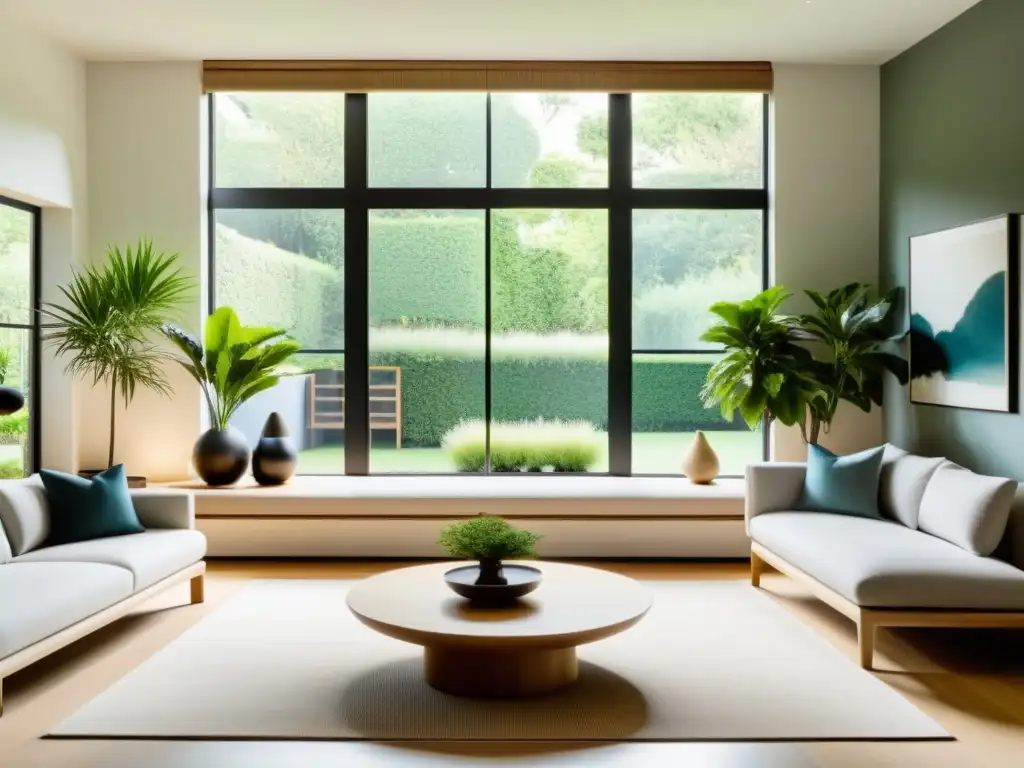 Salón minimalista con adaptación del Feng Shui en Occidente, decorado con líneas limpias y luz natural, vista al jardín