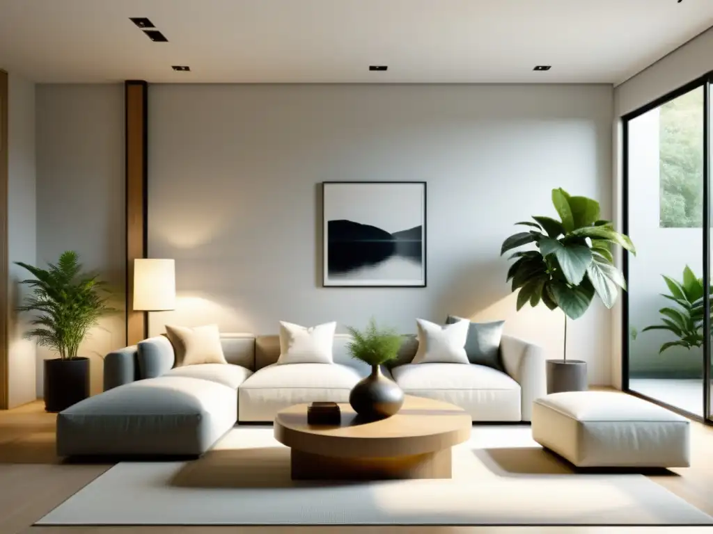 Salón minimalista sereno con Feng Shui Salón minimalista con diseño armonioso con Feng Shui, muebles equilibrados y elementos naturales en un ambiente tranquilo y luminoso