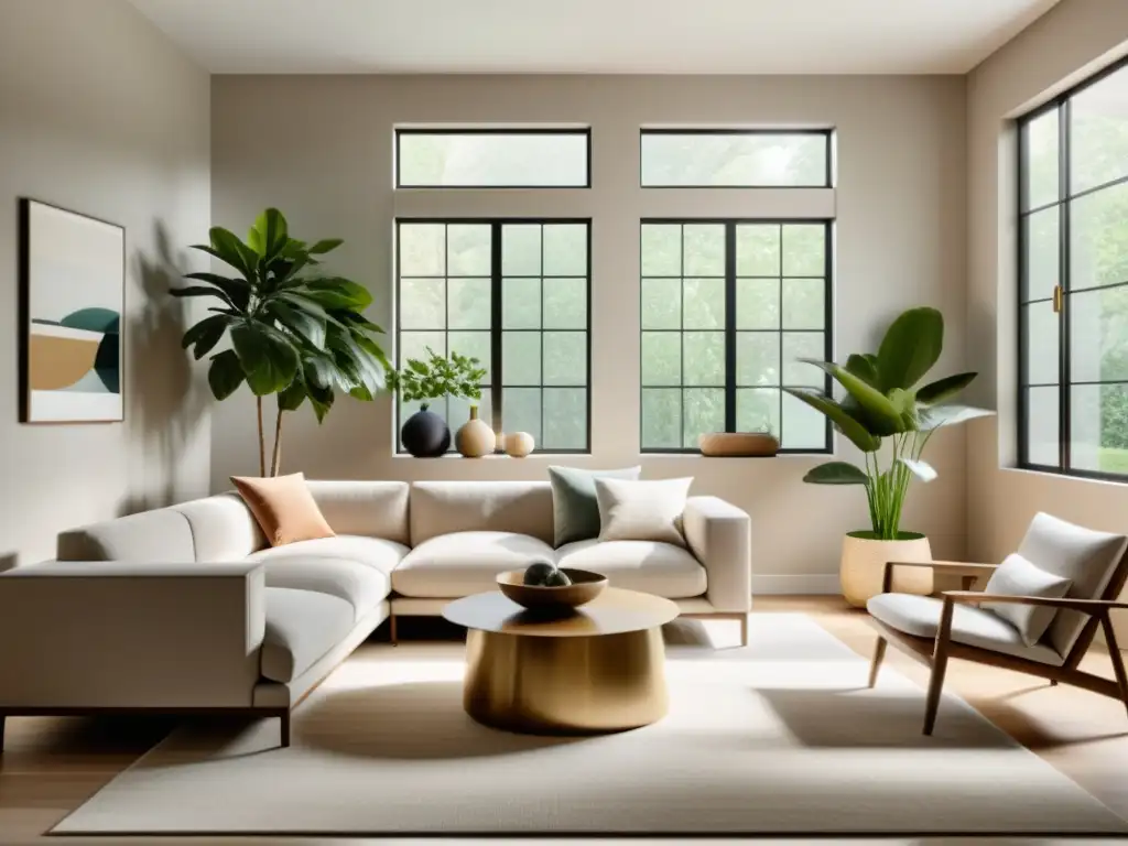 Serenidad en el salón Feng Shui con 8k detalle Un salón minimalista con diseño armonioso con Feng Shui, equilibrio de muebles, luz natural y plantas estratégicamente colocadas